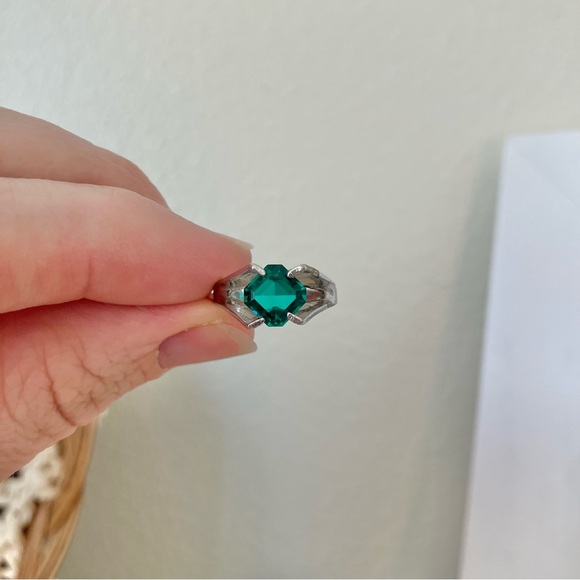 Art Deco Green Stone Emerald Square Cut Ring “Aiden” Diamond Forest Earthy Elven - Picture 12 of 14